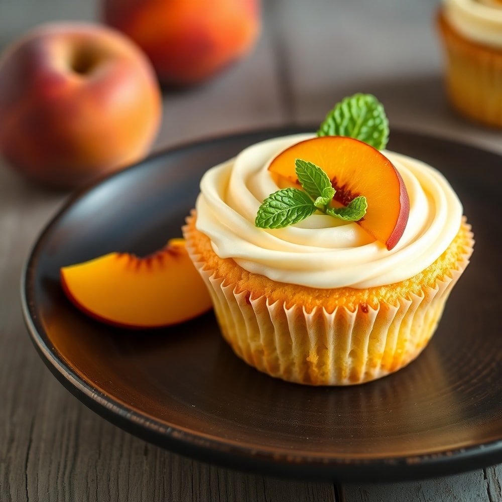 Honey Peach Cream Cheese Cupcakes plated with a peach slice and mint leaf