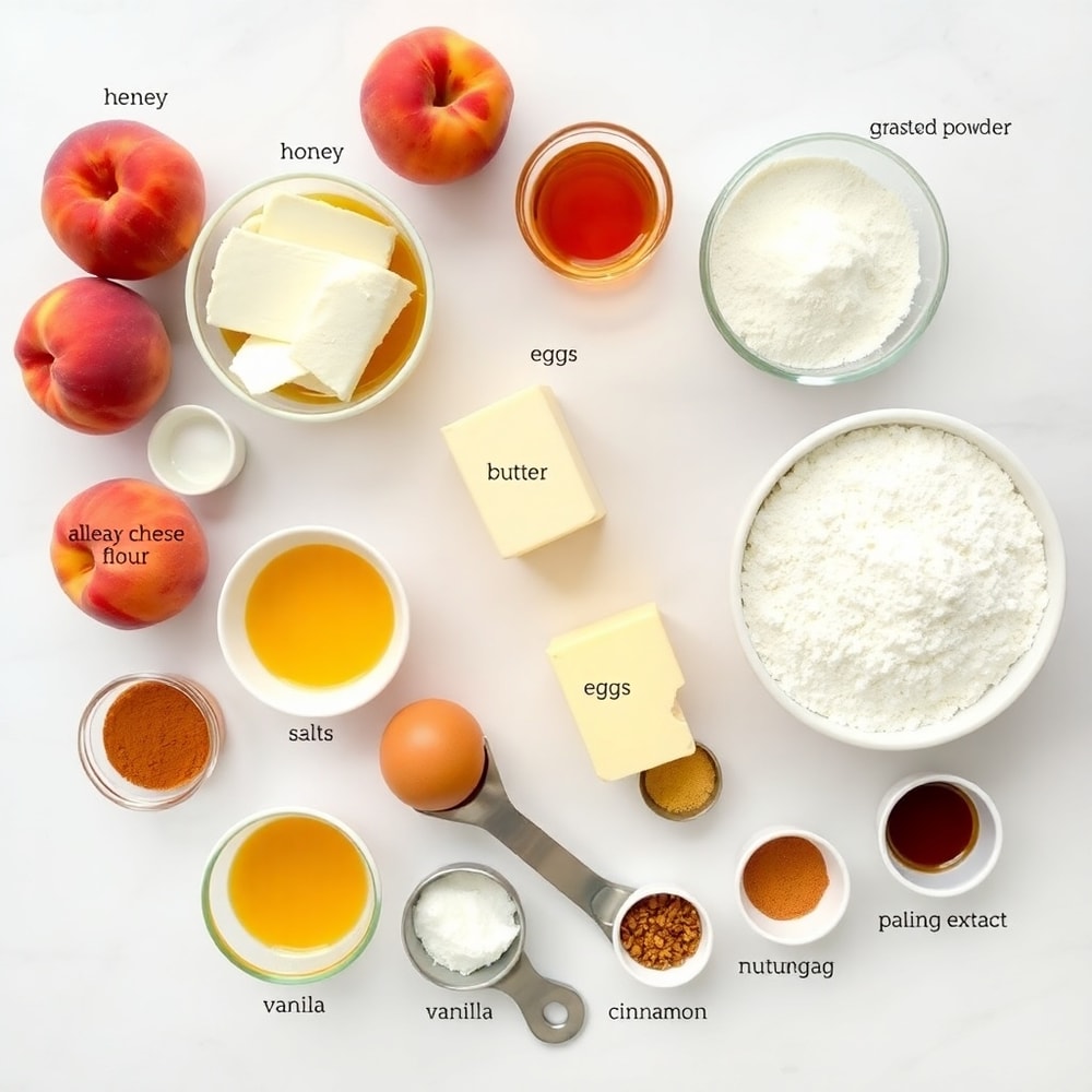 Ingredients for Honey Peach Cream Cheese Cupcakes including peaches, honey, cream cheese, and flour