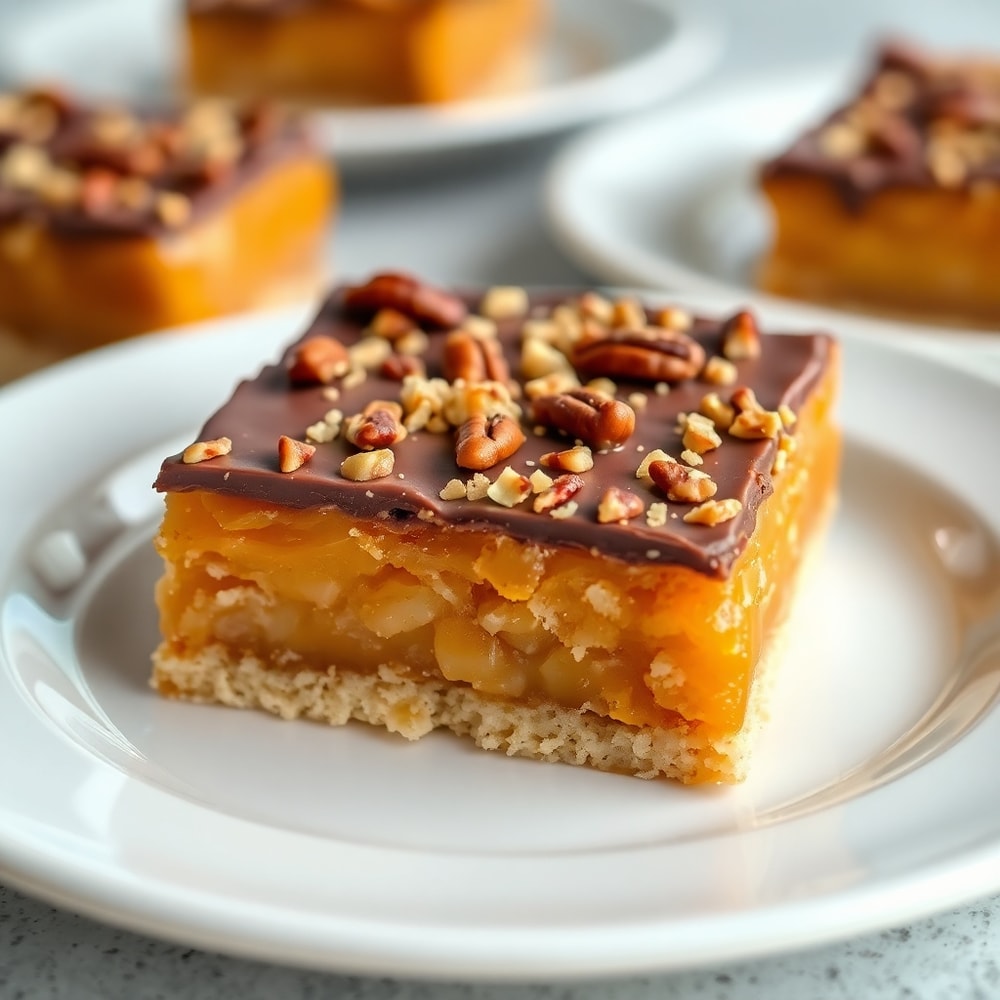 A perfect serving of Caramel Crush Bars on a white plate