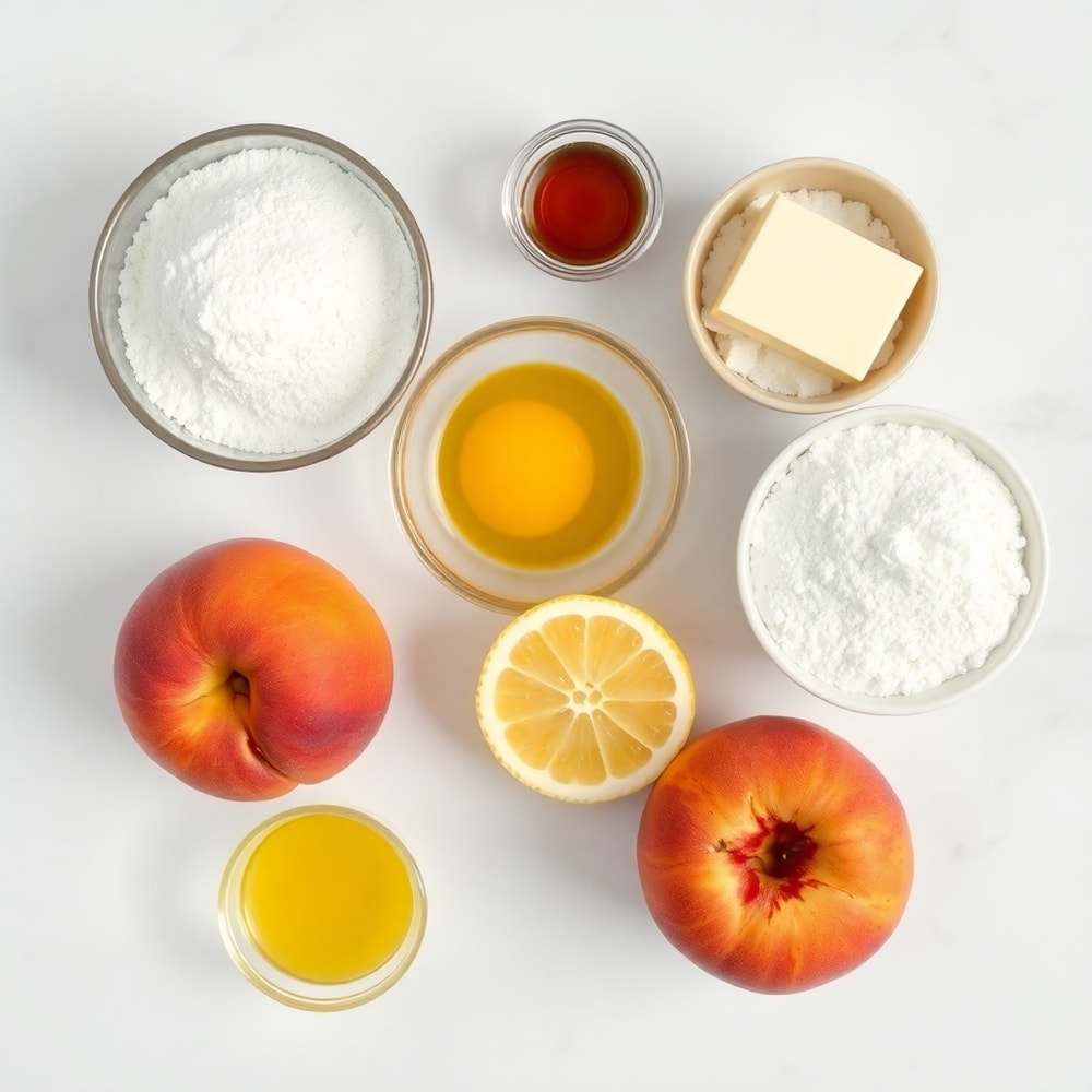 Raw ingredients for Italian Peach Summer Cookies on a white marble surface