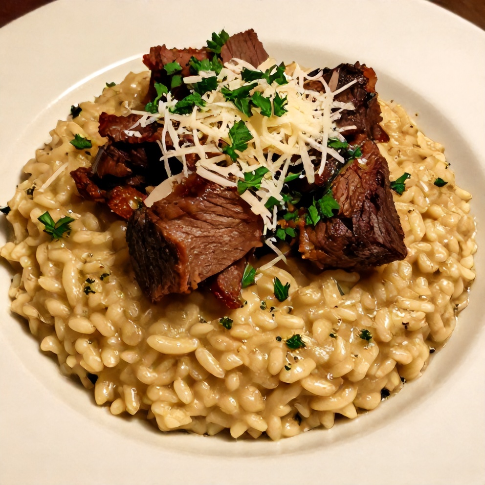 Plated Italian pot roast with risotto and fresh parsley garnish