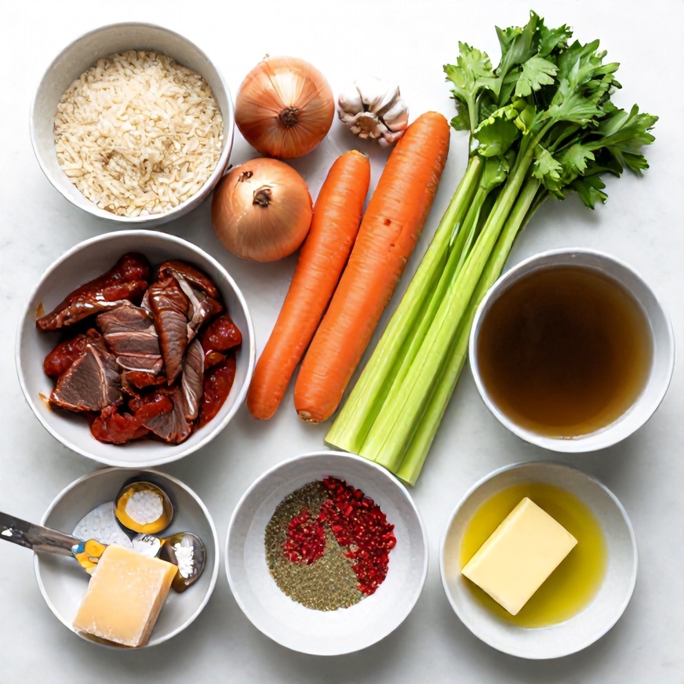 Raw ingredients for Italian pot roast with risotto on a marble surface