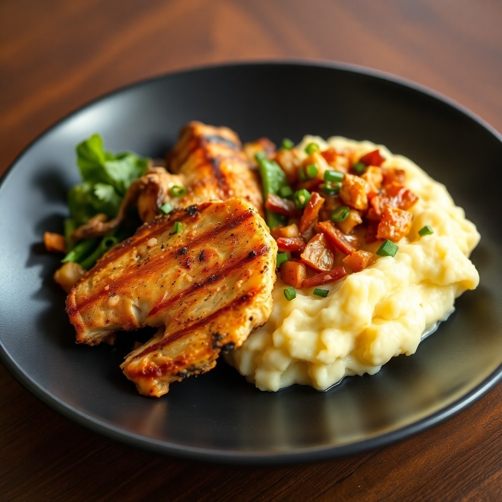 Plated serving of grilled chicken and mashed potato bowls