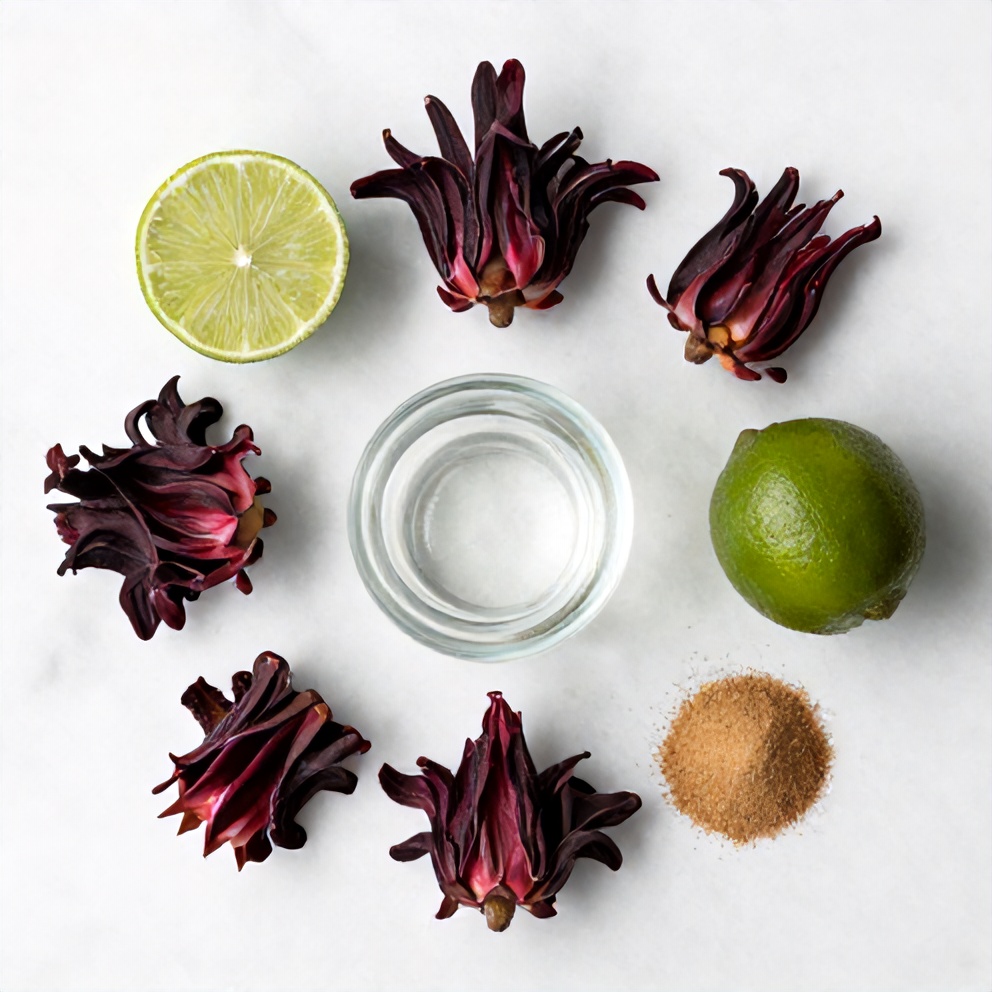 Hibiscus flowers, lime, water, and sweetener on a wooden surface