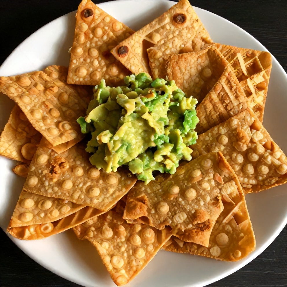 Plated keto tortilla chips with guacamole