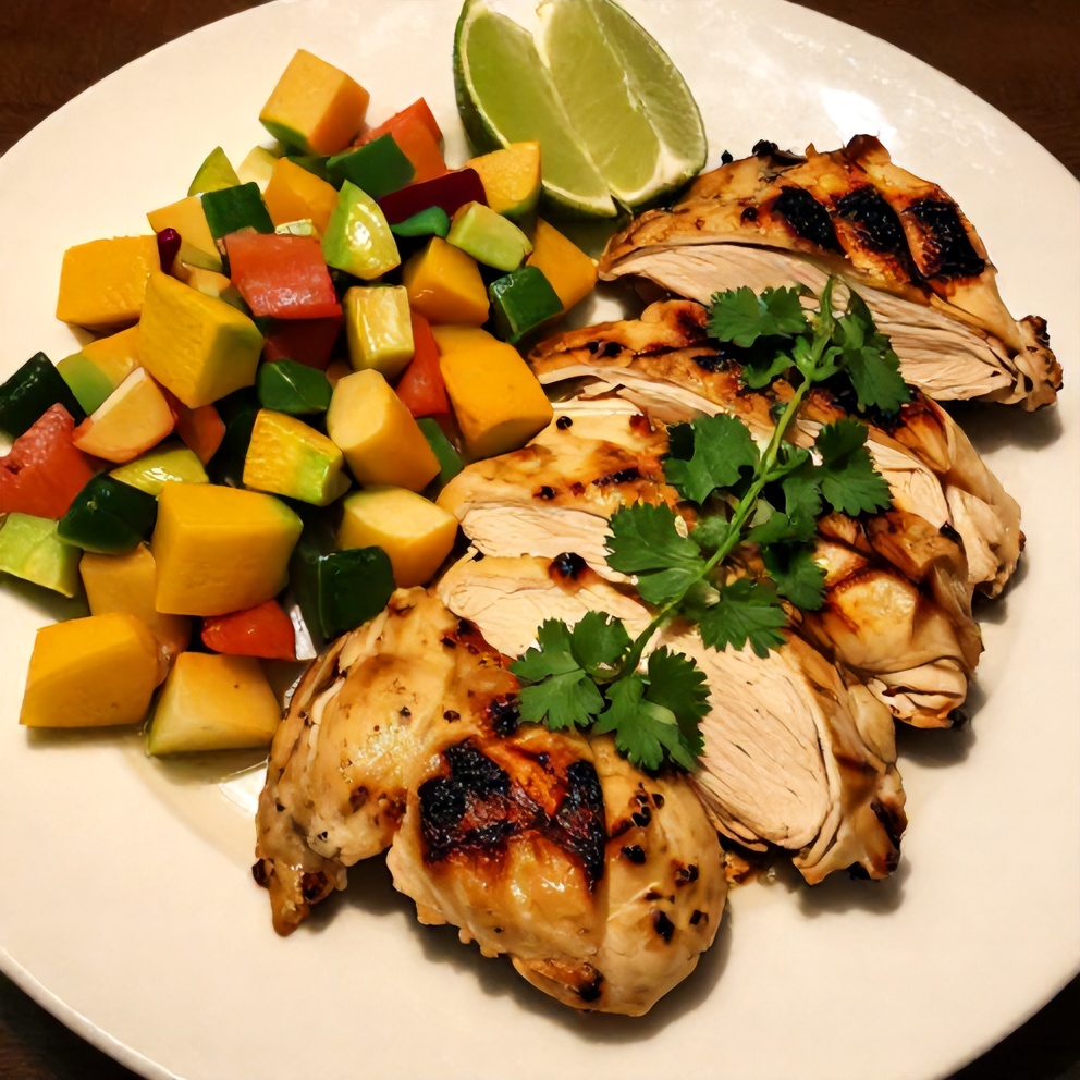 Plated Key West grilled chicken with tropical fruit salsa