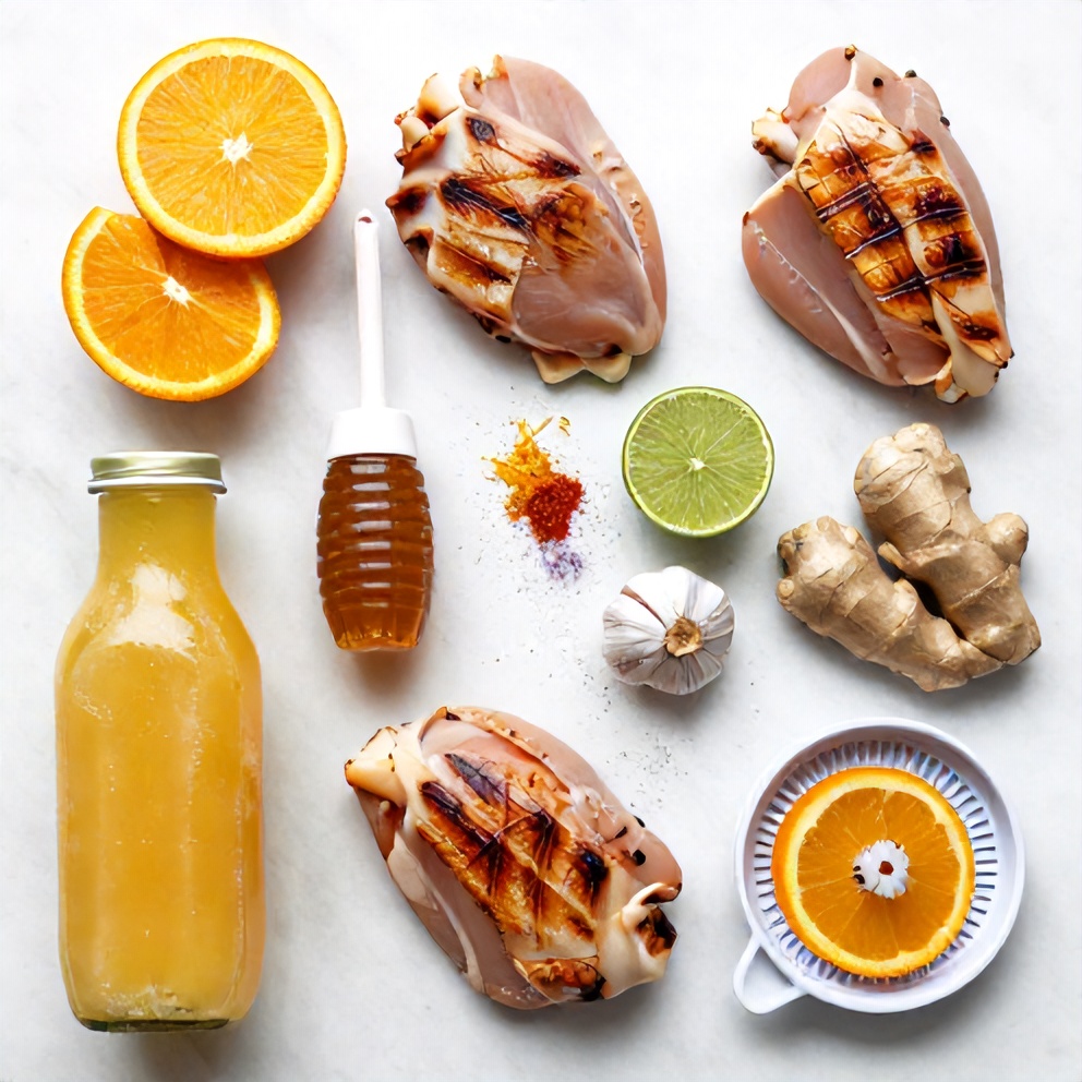 Raw ingredients for Key West grilled chicken on marble surface