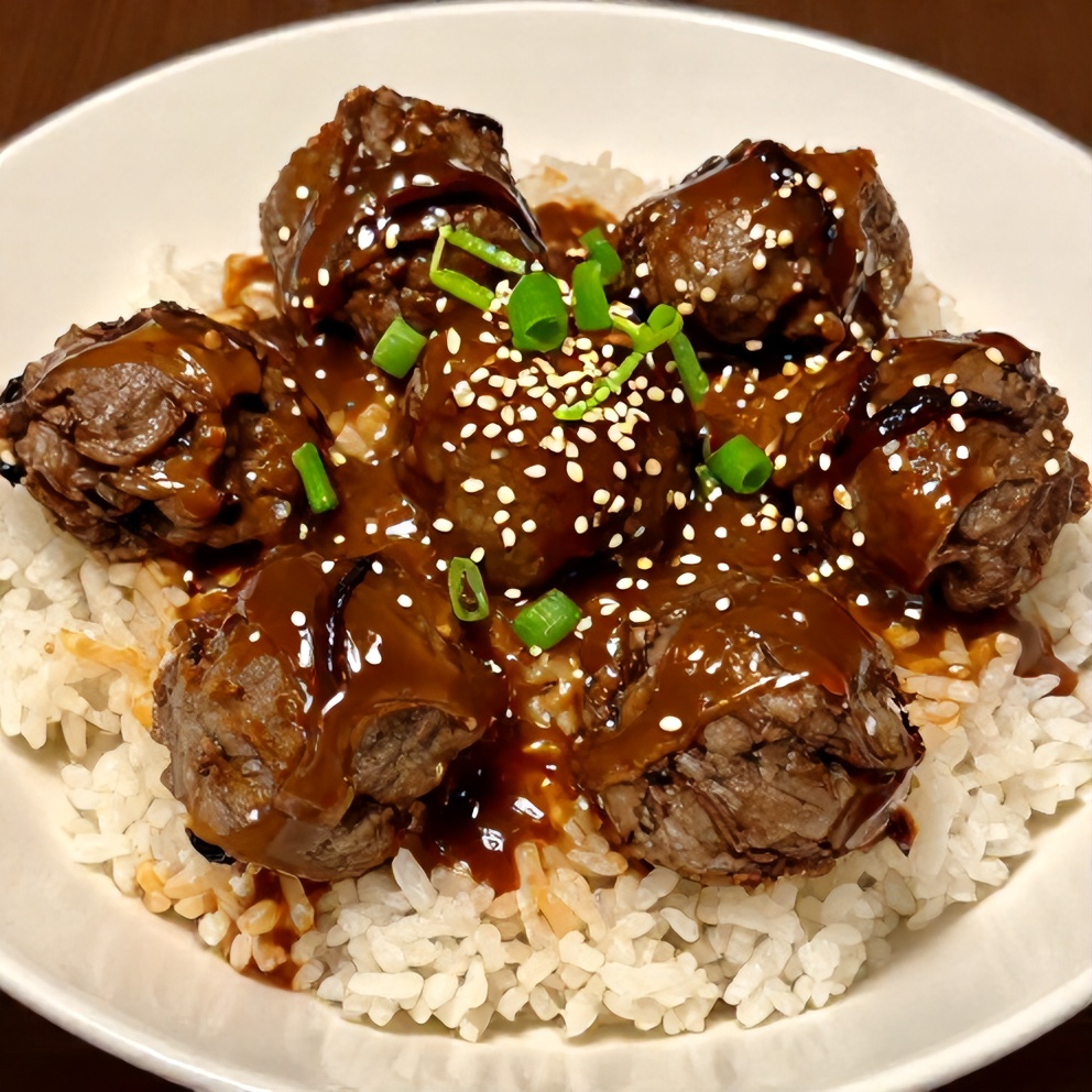 Korean BBQ Meatball Rice Bowl on a white plate