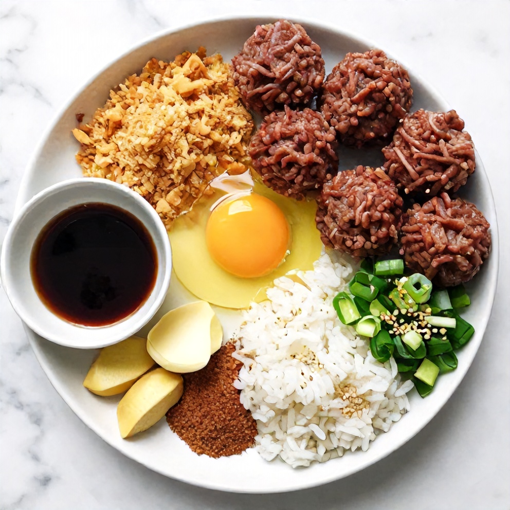 Raw ingredients for Korean BBQ Meatball Rice Bowls on a marble surface