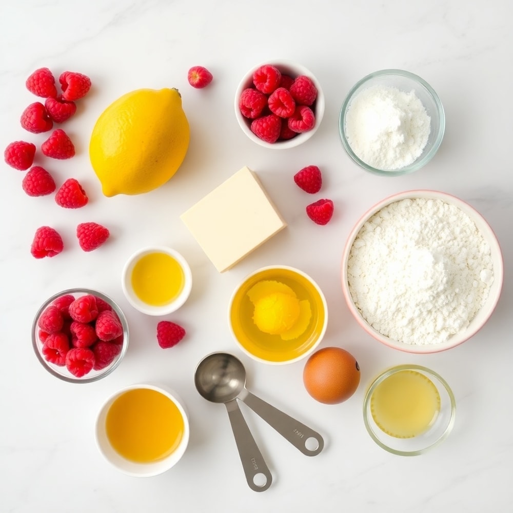 Lemon Raspberry Bars ingredients on a marble counter