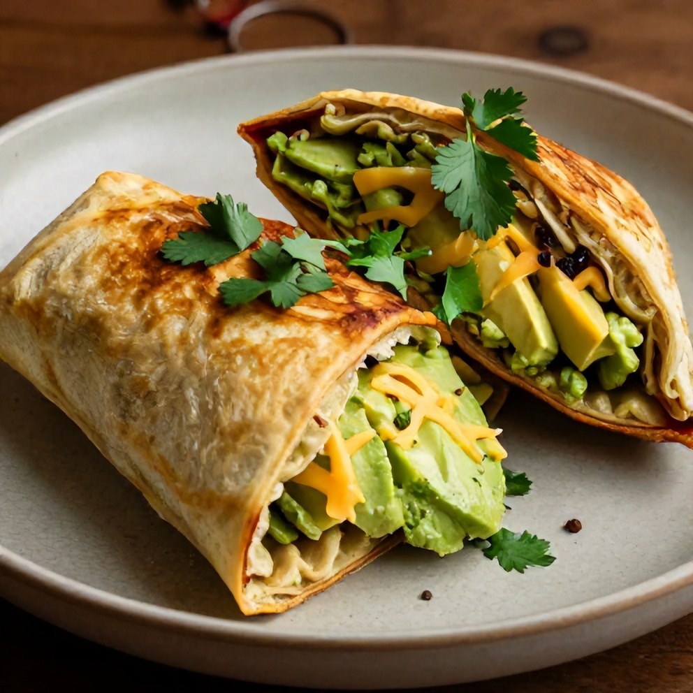 Loaded Breakfast Burrito on a rustic plate, garnished with fresh cilantro, ready to serve