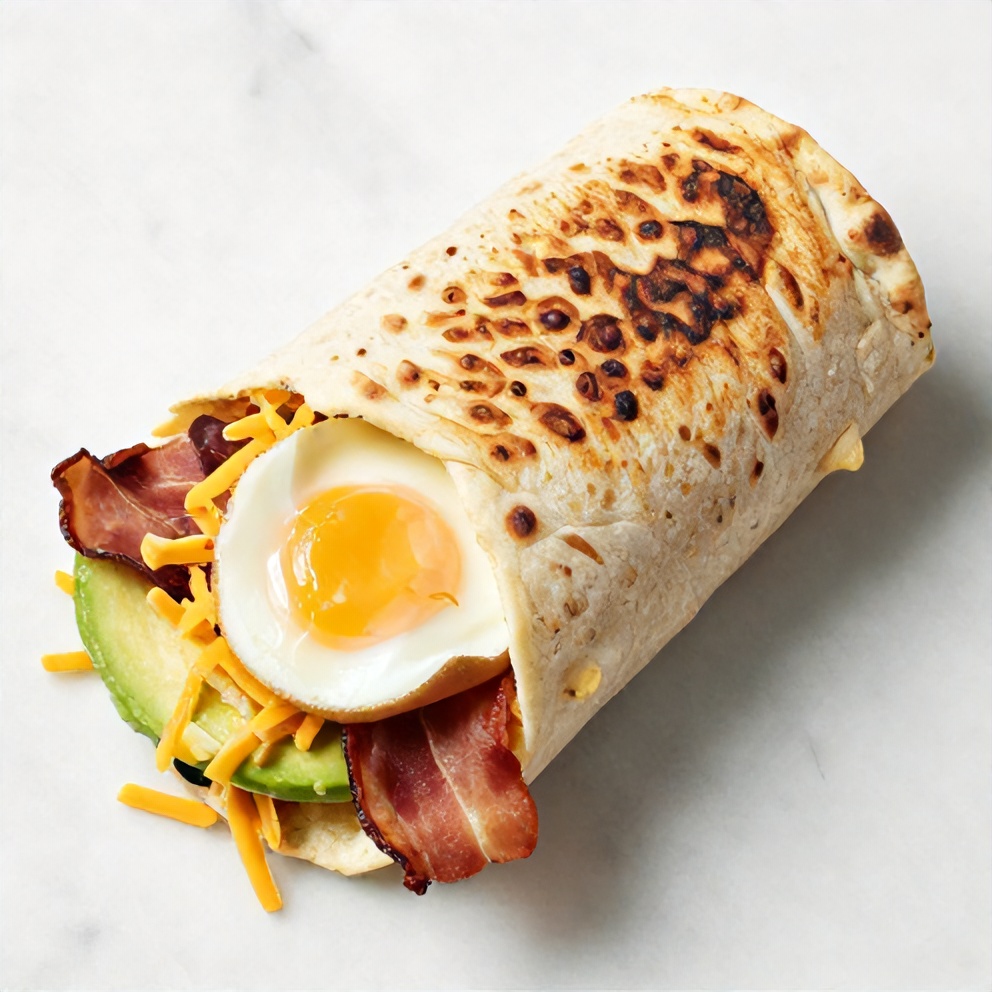 Eggs, bacon, cheese, avocado, tortilla, and other ingredients for Loaded Breakfast Burrito on a white marble surface
