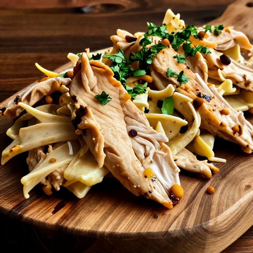 Plated serving of loaded chicken salad on a rustic wooden board