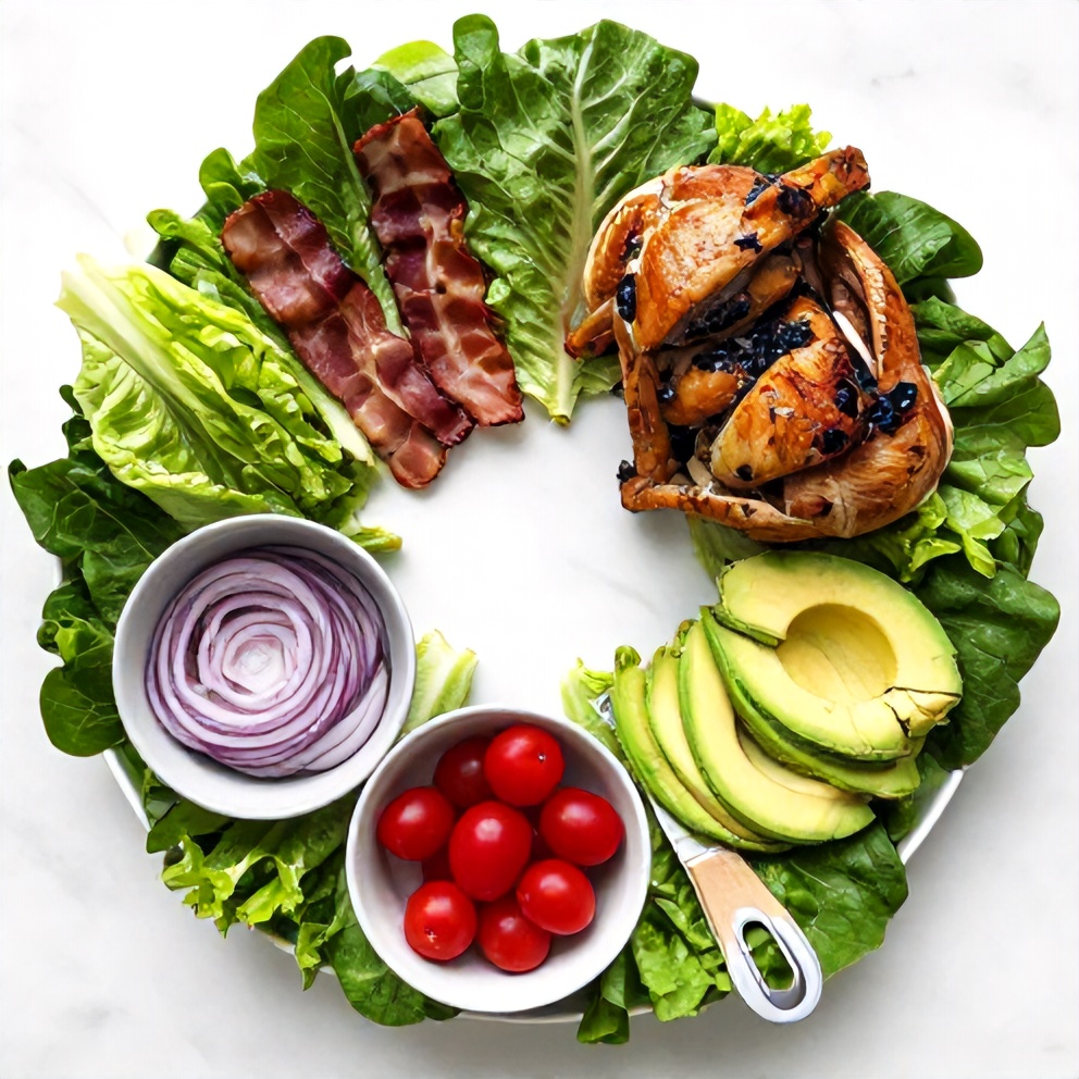 Raw ingredients for loaded chicken salad laid out on a white marble surface