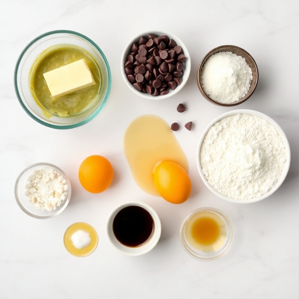 Raw ingredients for Lunch Lady Brownies arranged in a flat lay