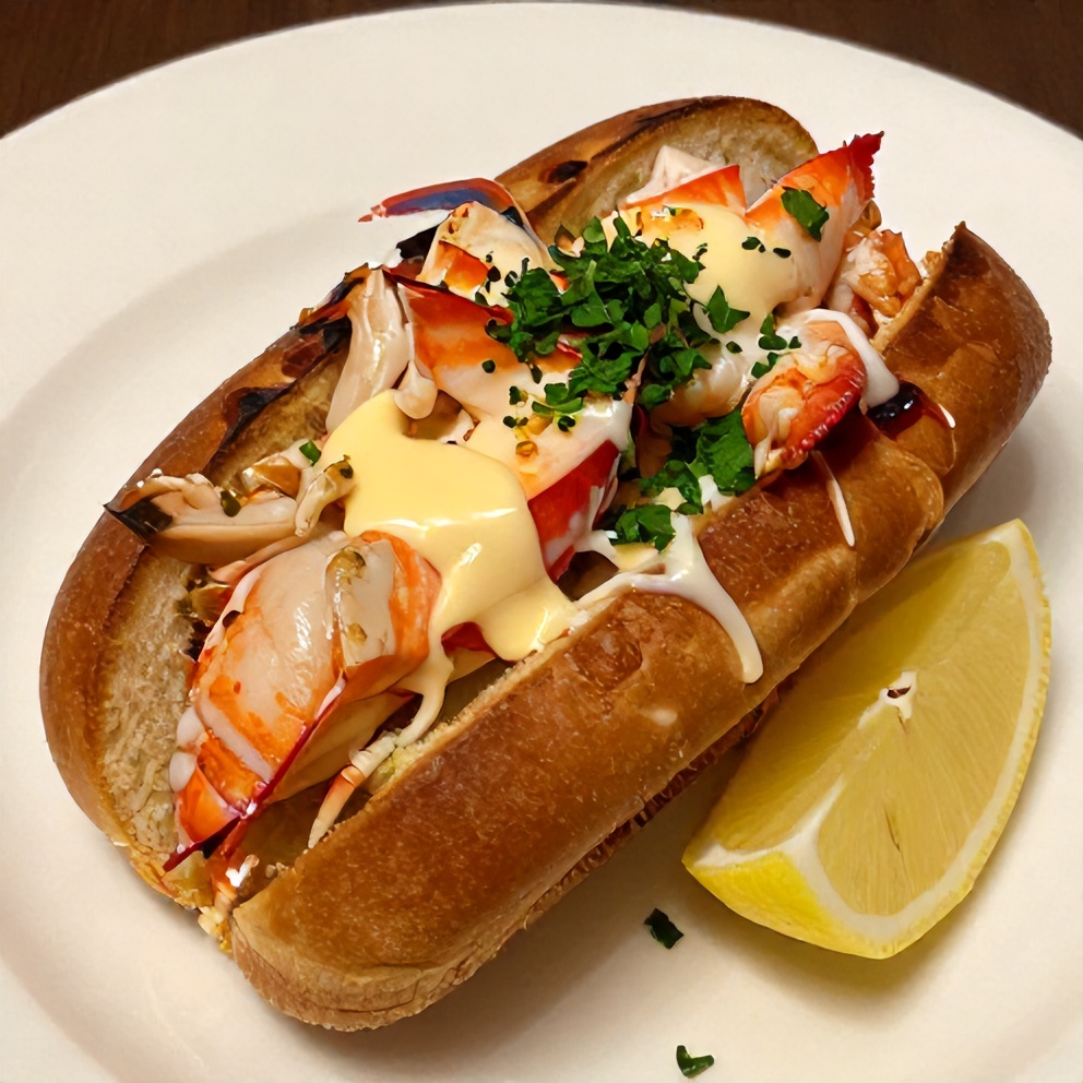 Plated Maine Lobster Roll with lemon wedge