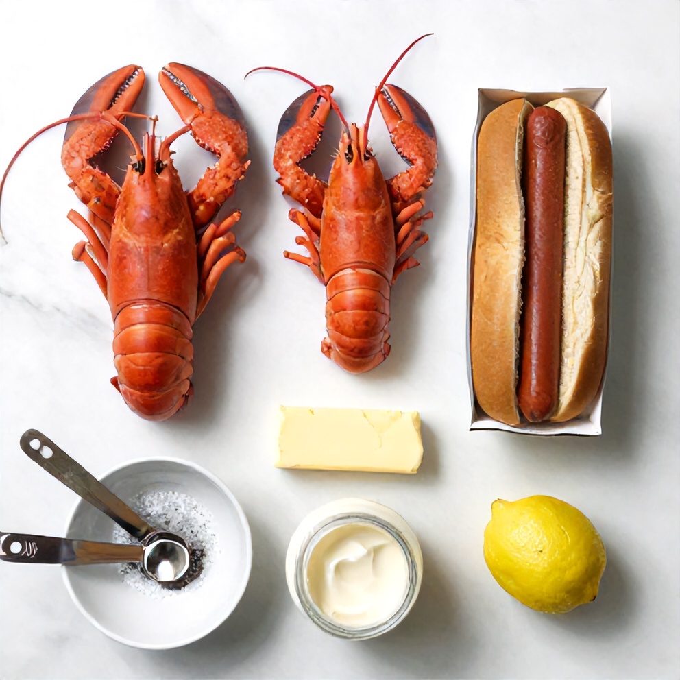 Raw ingredients for Maine Lobster Rolls on a marble surface