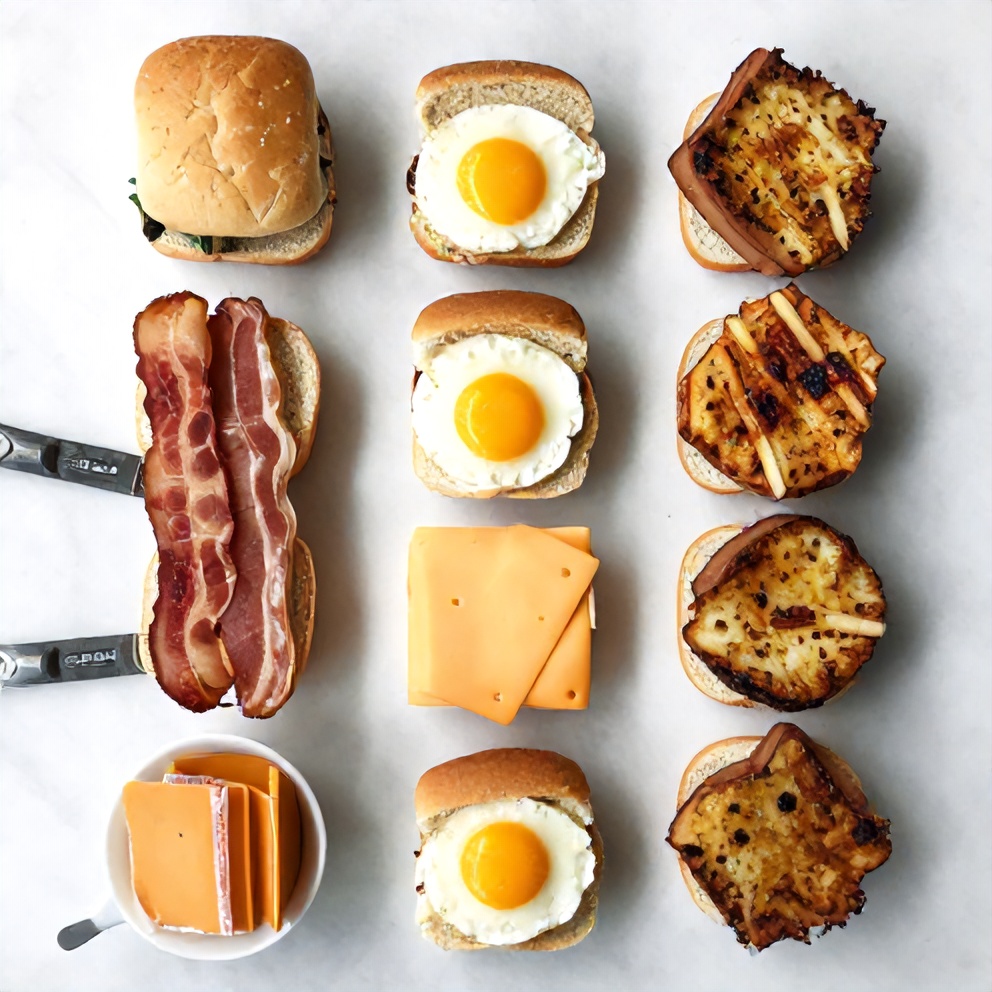 Raw ingredients for make-ahead breakfast sliders arranged in a flat lay