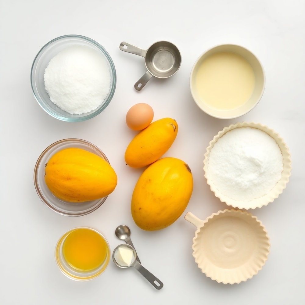 Raw ingredients for mango curd tart: ripe mangoes, eggs, sugar, butter, tart shell