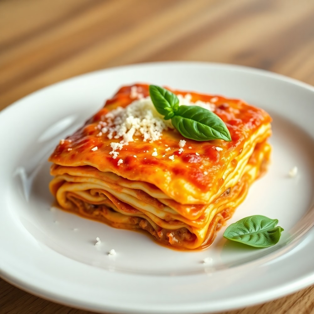 Plated Million Dollar Lasagna with fresh basil and parmesan