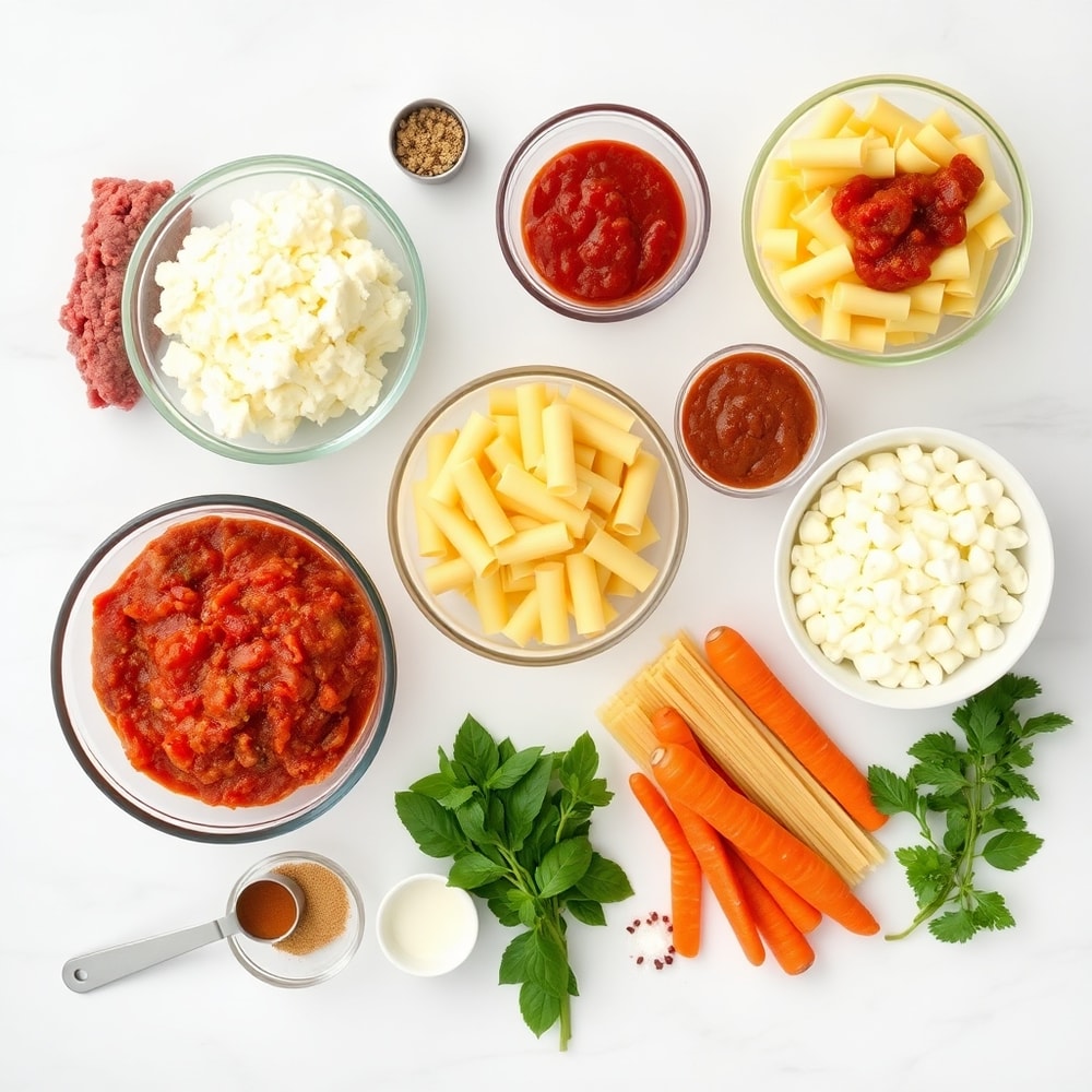 Raw ingredients for Million Dollar Lasagna including ground beef, ricotta, and lasagna noodles