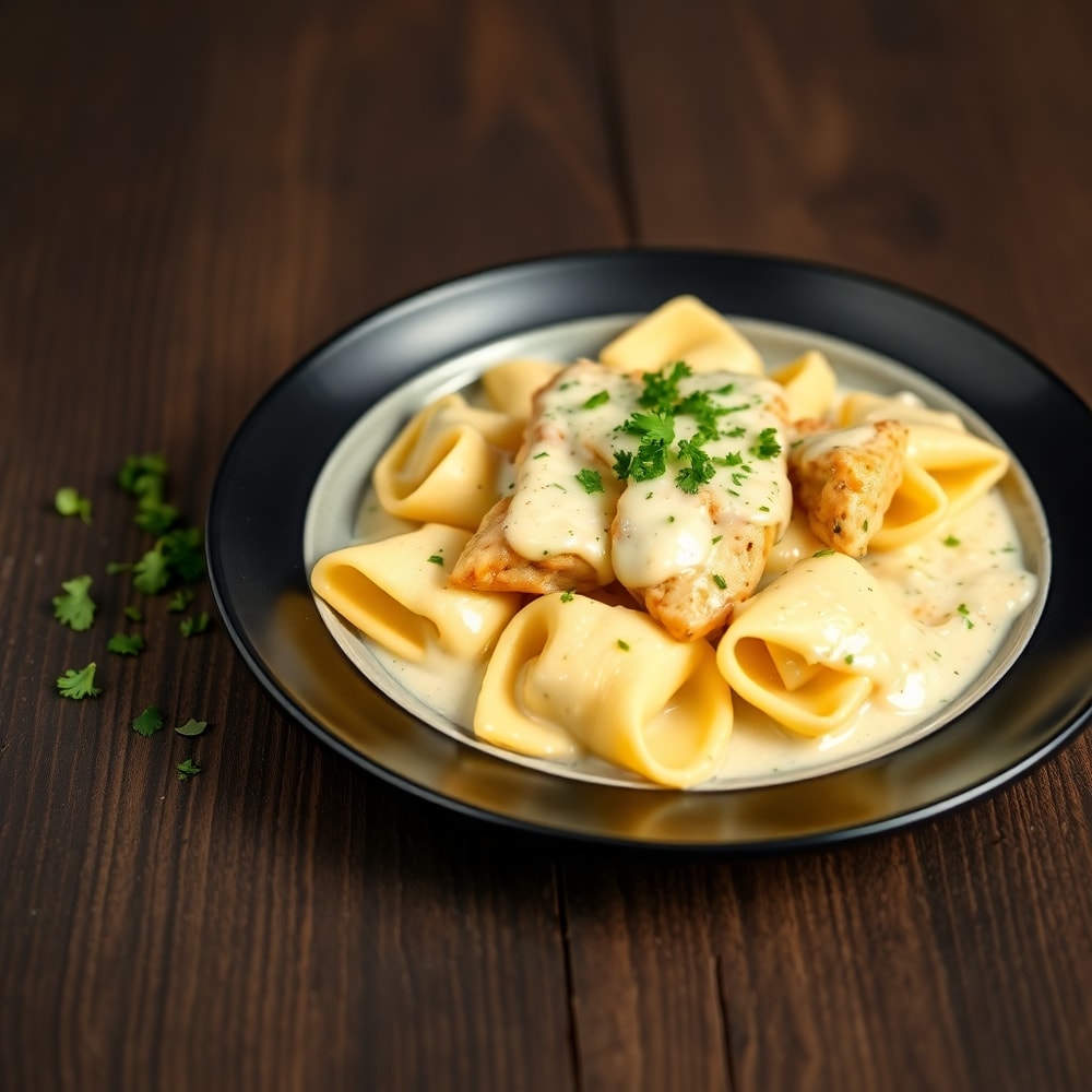 One perfect serving of Mozzarella Garlic Butter Chicken Bowties plated on a dark wooden surface, with a side of chopped parsley