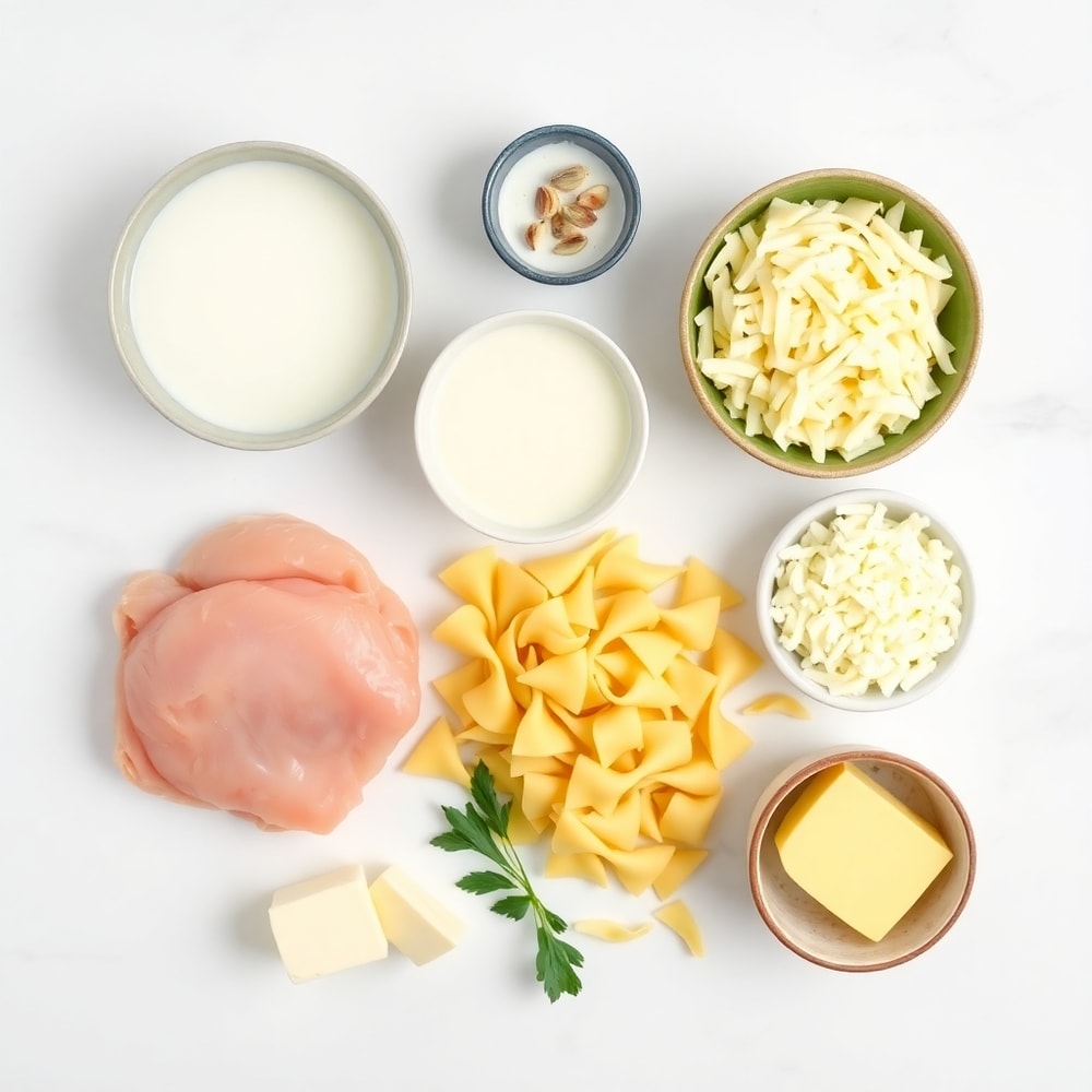 Raw ingredients for Mozzarella Garlic Butter Chicken Bowties arranged in an overhead flat lay, including chicken, pasta, garlic, butter, and heavy cream
