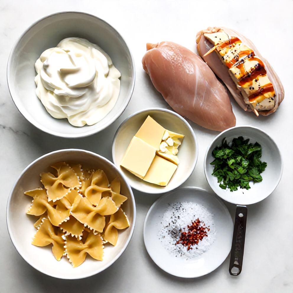 Raw ingredients for Mozzarella Garlic Butter Chicken Bowties