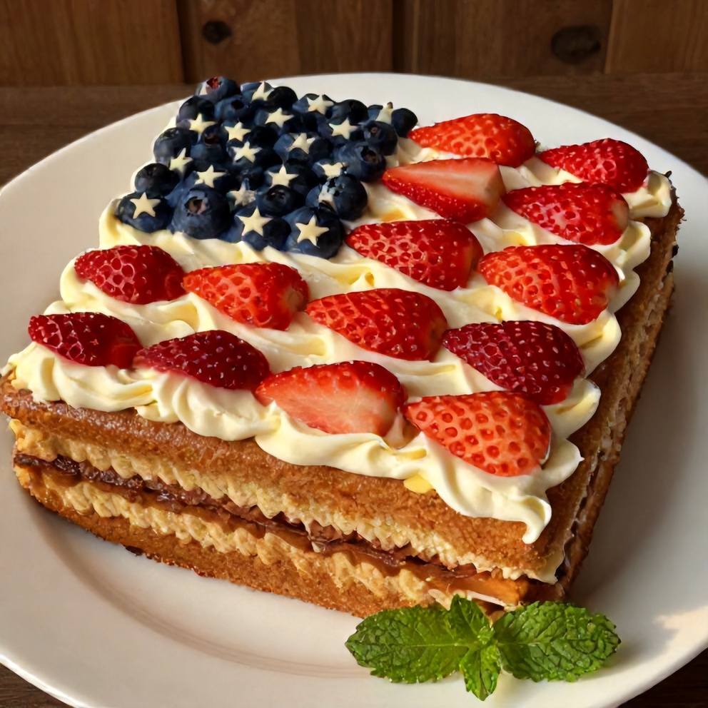 Completed no-bake flag cake with berry flag design