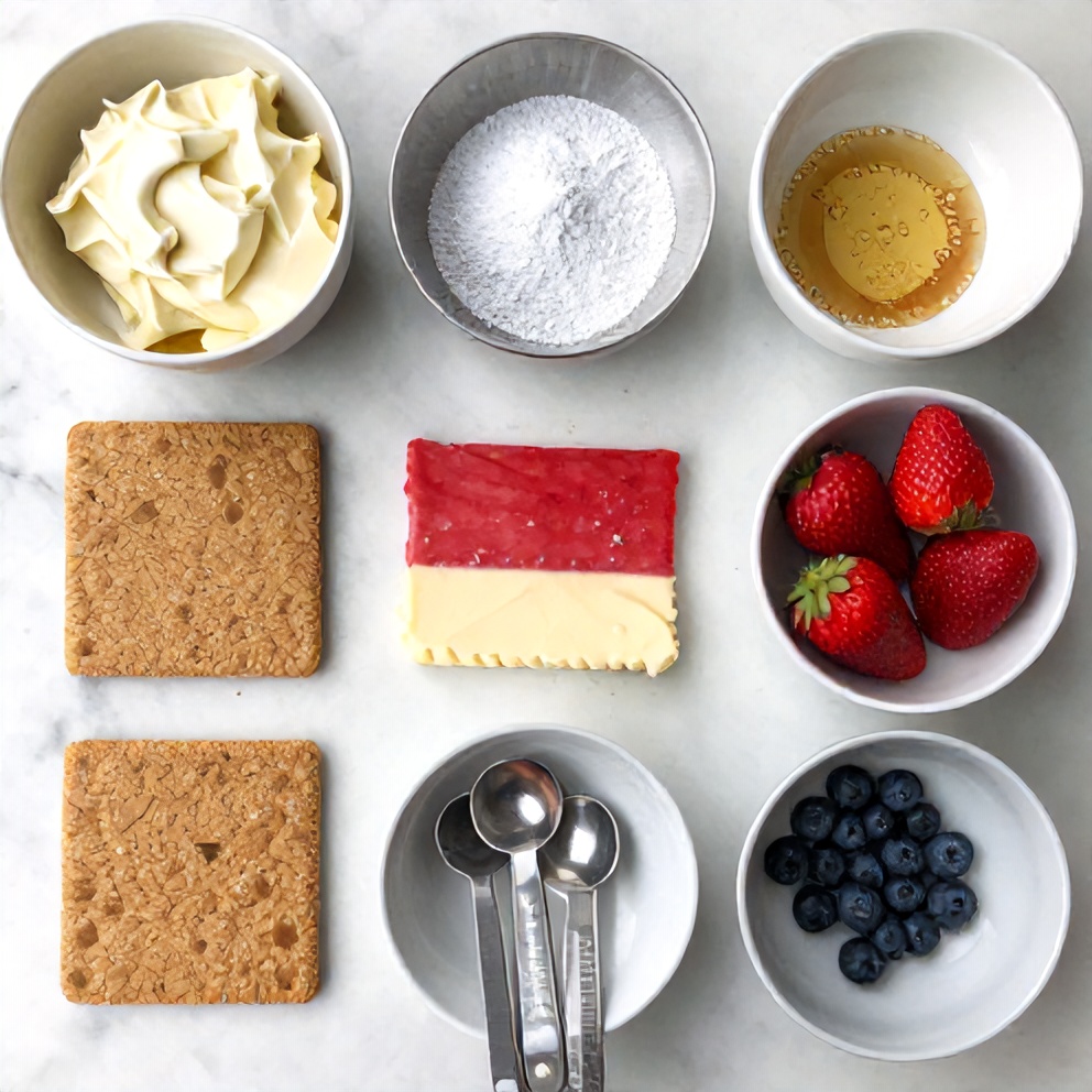 Raw ingredients for no-bake flag cake including graham crackers, cream cheese, whipped cream, and fresh berries