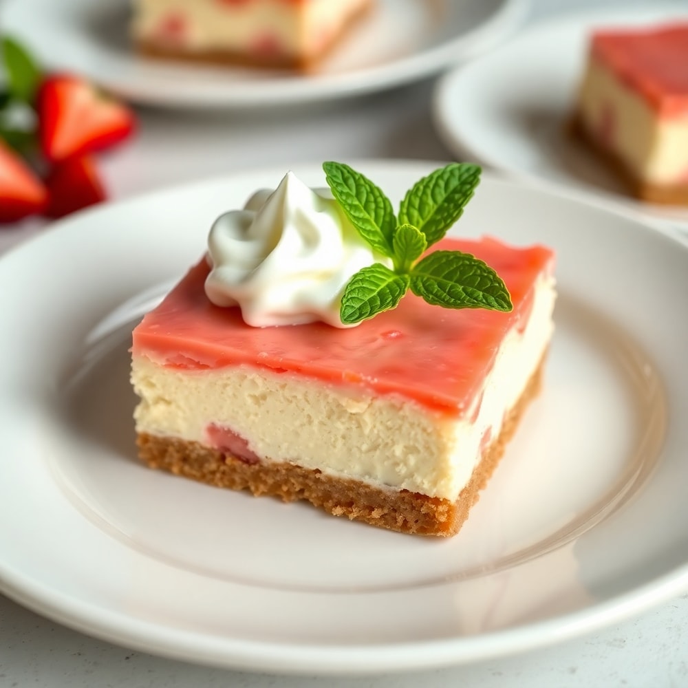 Sliced No Bake Rhubarb Cheesecake Squares on a serving plate