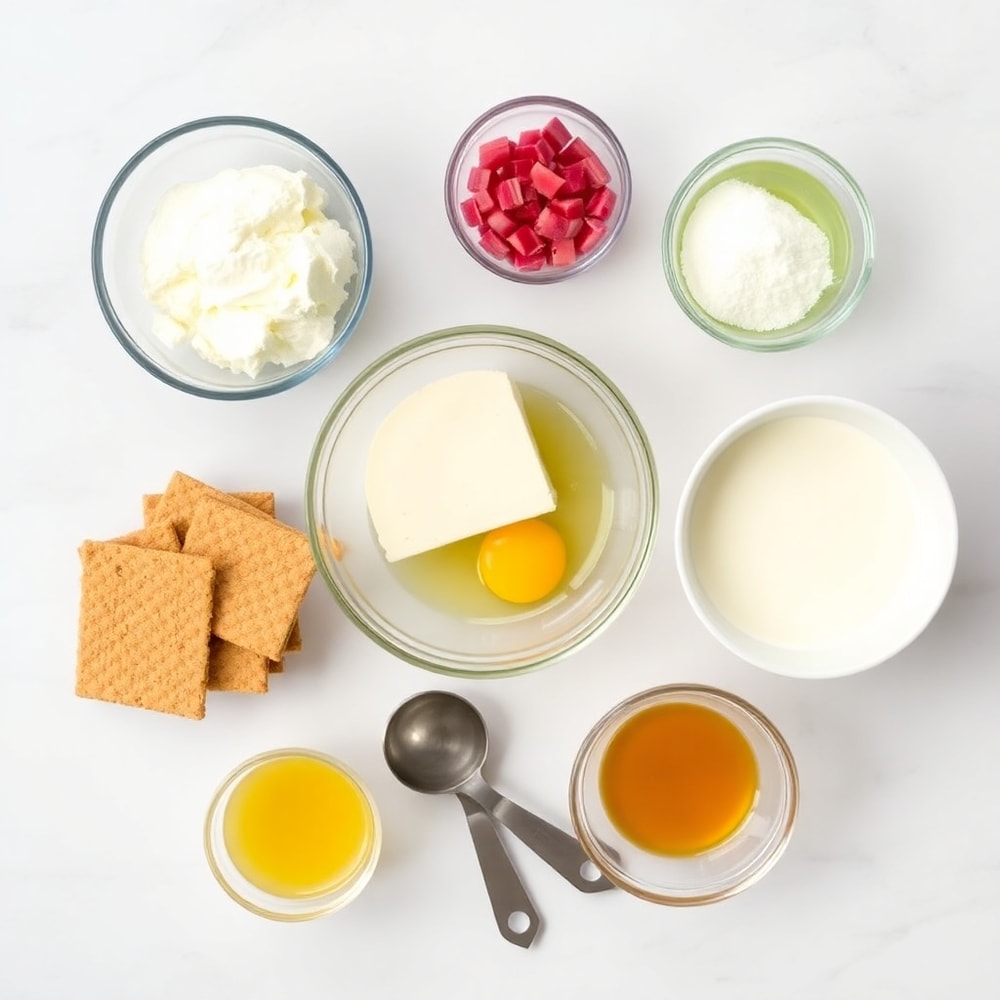 Graham crackers, cream cheese, rhubarb, sugar, eggs, heavy cream, vanilla extract