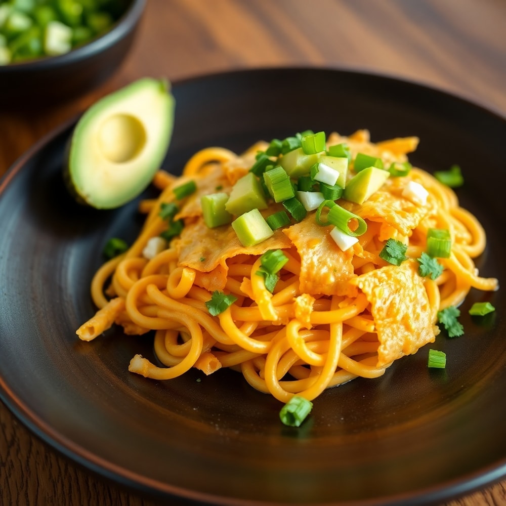 Plated serving of one pot cheesy taco pasta with avocado and cilantro