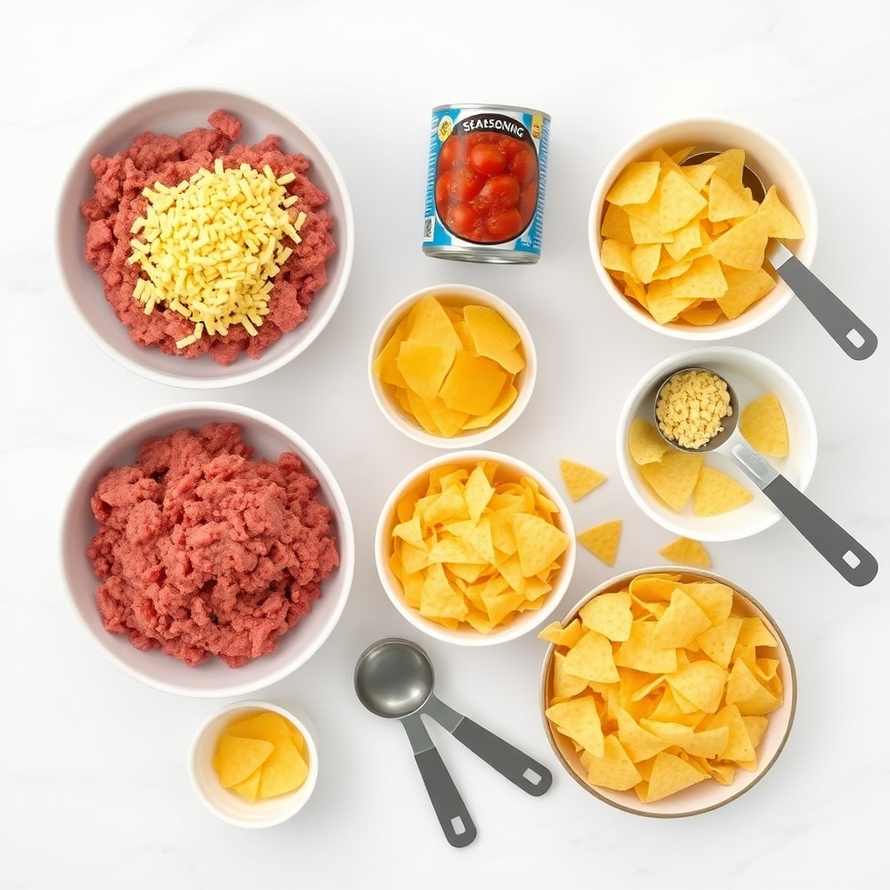 Raw ingredients for one pot cheesy taco pasta: ground beef, taco seasoning, pasta, canned tomatoes, cheese, tortilla chips