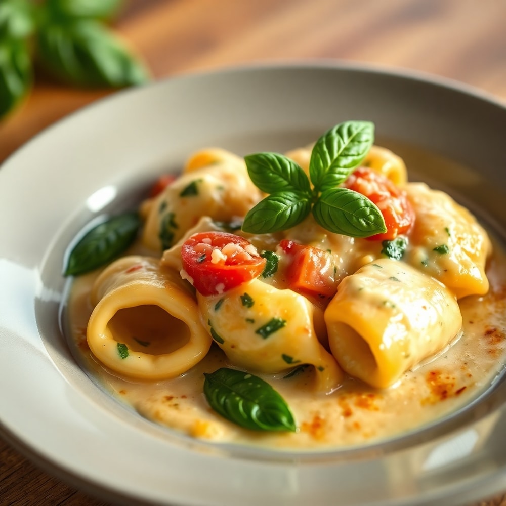Plated creamy spinach tomato tortellini with fresh basil, close crop