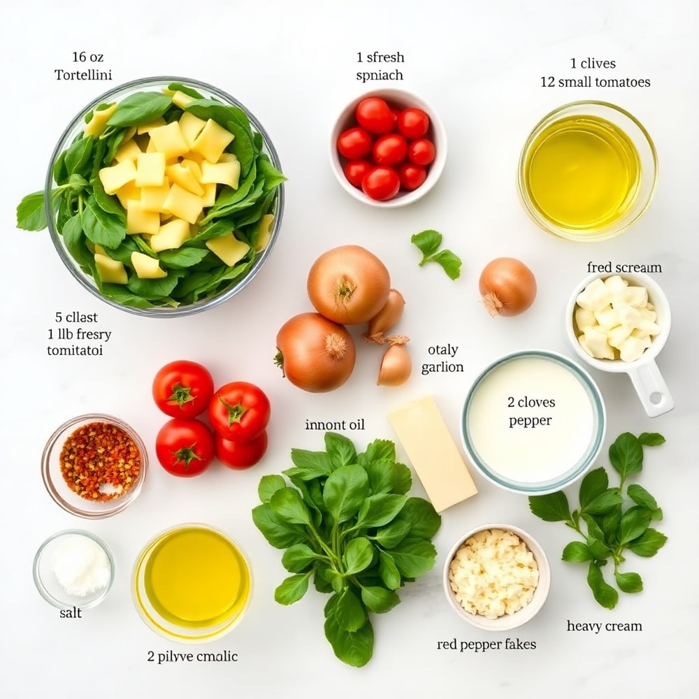 Raw ingredients for creamy spinach tomato tortellini, overhead flat lay