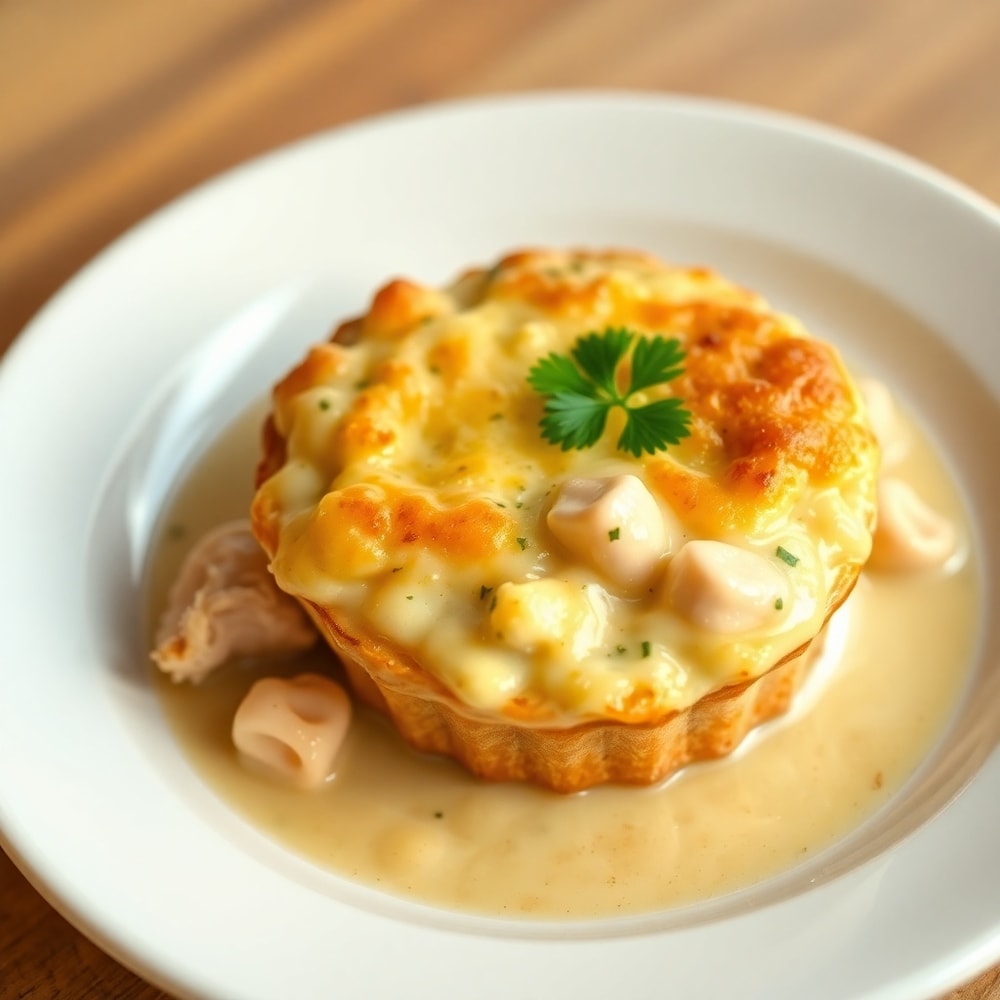 One pot gnocchi chicken pot pie plated with fresh parsley