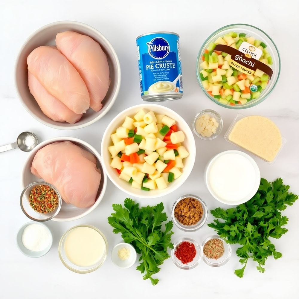 Raw ingredients for one pot gnocchi chicken pot pie