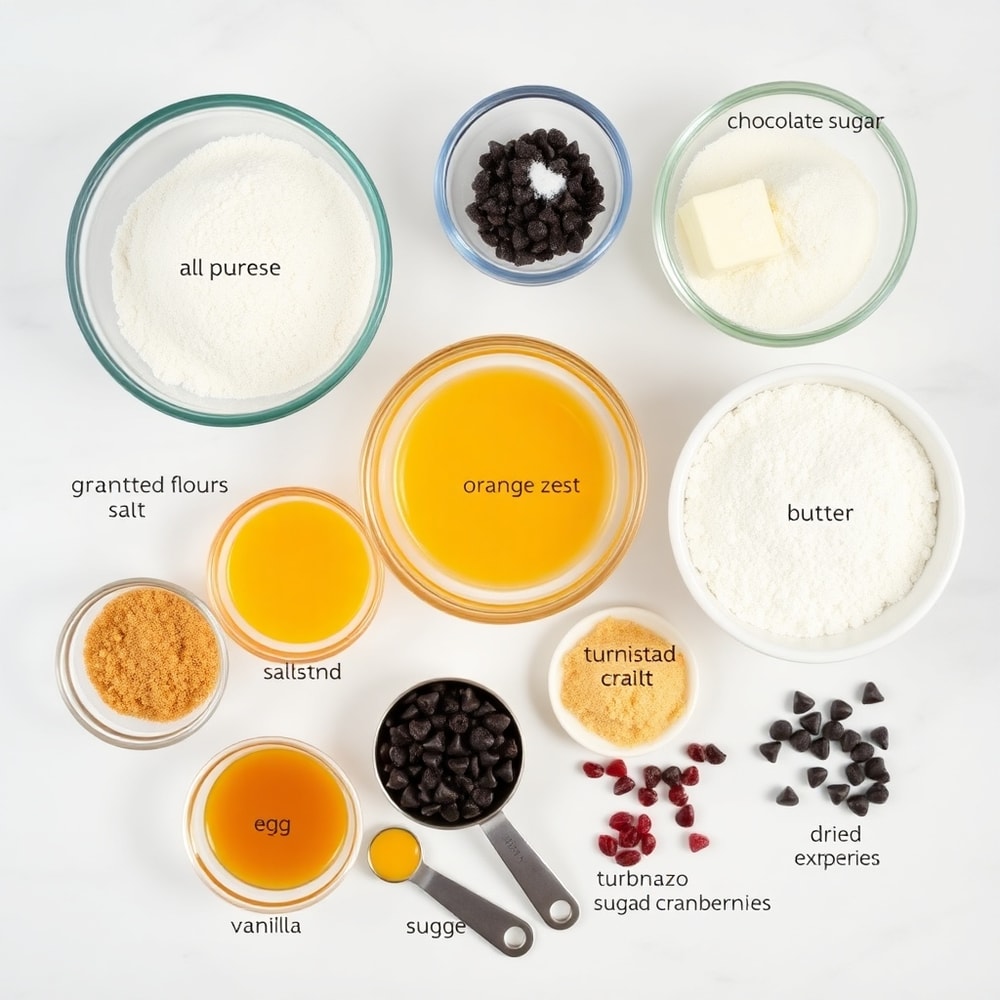 Orange scone cookies ingredients on a marble counter