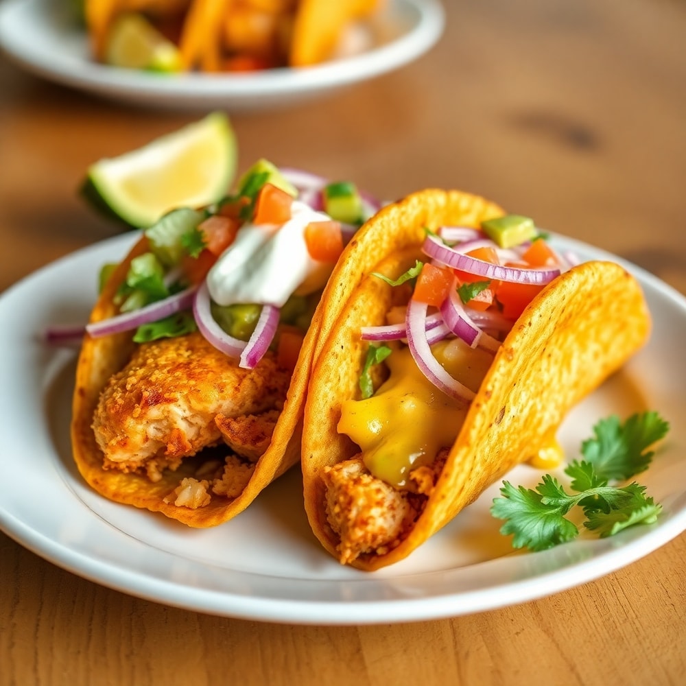 Plated crispy oven baked chicken tacos
