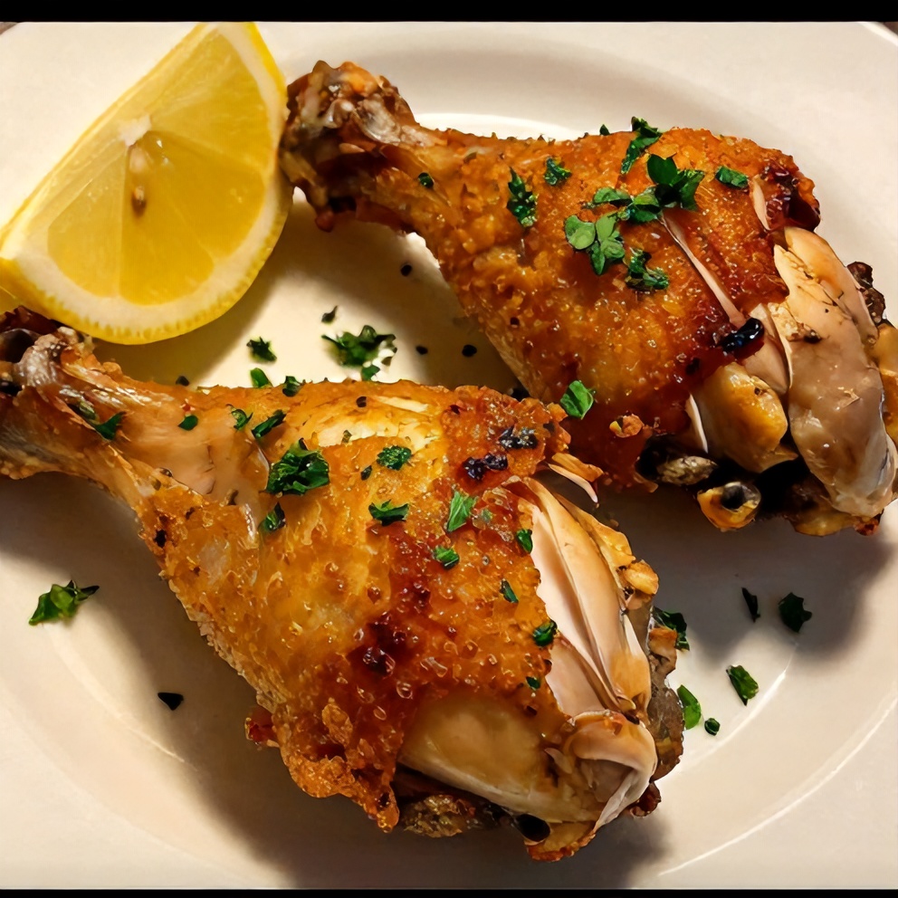 Plated serving of crispy oven baked chicken legs with a lemon wedge