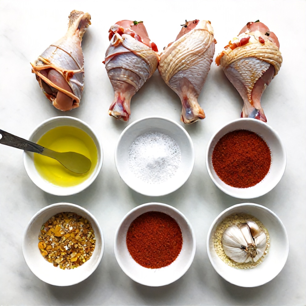 Raw ingredients for oven baked chicken legs on a marble surface