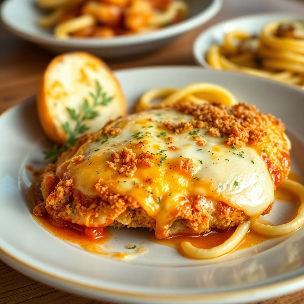 Plated baked chicken parmesan with side of pasta and garlic bread