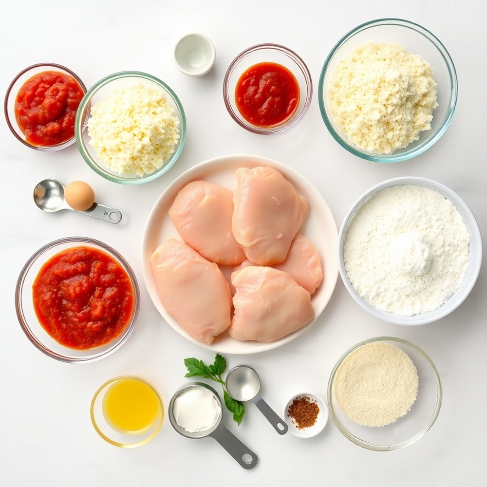 Raw ingredients for baked chicken parmesan including chicken breasts, breadcrumbs, marinara sauce, and parmesan cheese