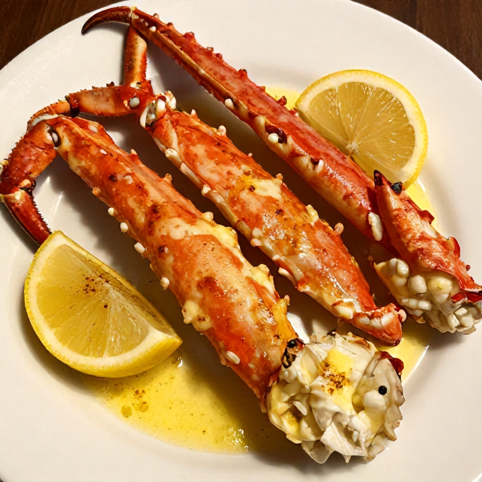 Plated oven baked snow crab legs with lemon wedges and melted garlic butter