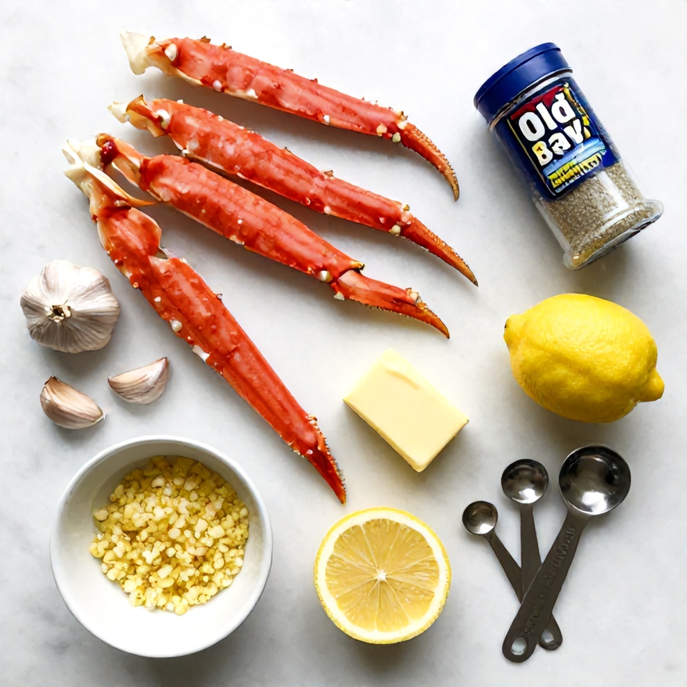 Raw snow crab legs, garlic, butter, lemon, and seasonings laid out on a wooden surface
