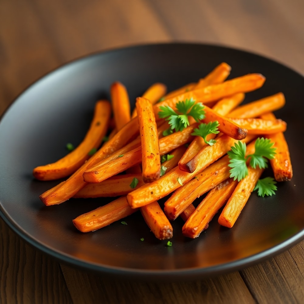 Plated serving of crispy oven baked sweet potato fries