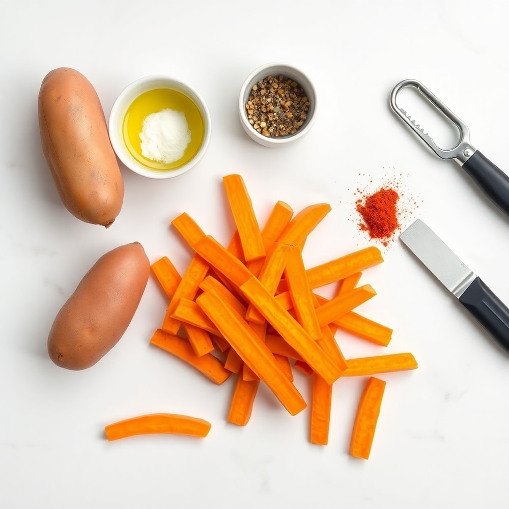 Raw ingredients for oven baked sweet potato fries on a white marble surface