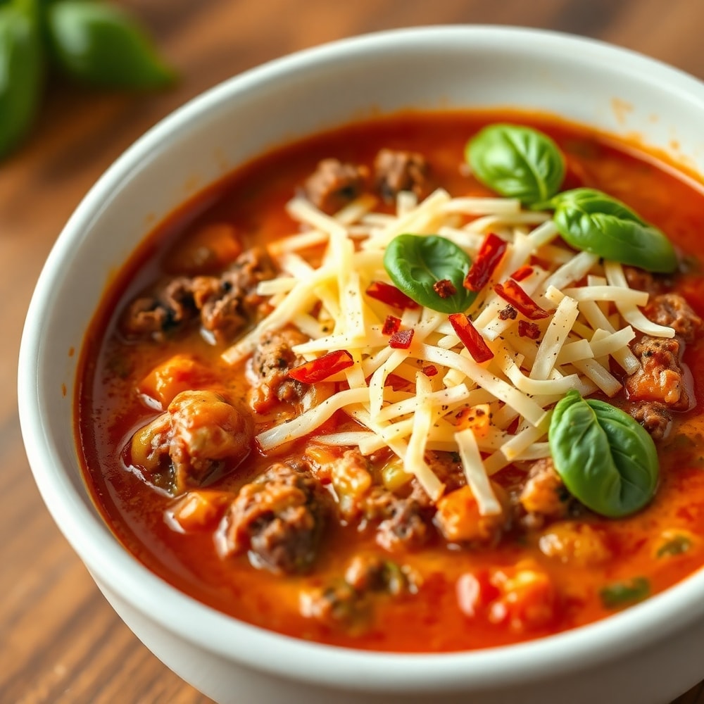 Paleo Pizza Soup served in a bowl