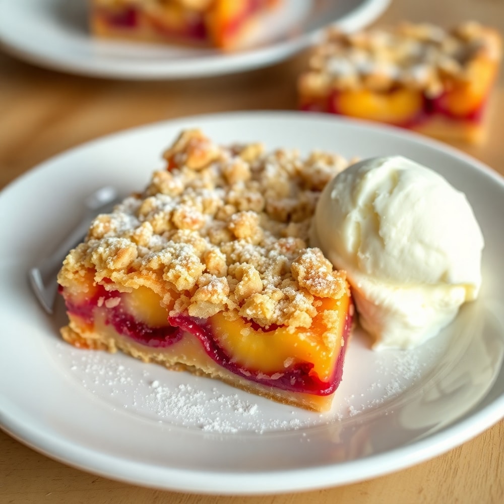 Plated Peach Raspberry Crumb Bars with a scoop of vanilla ice cream